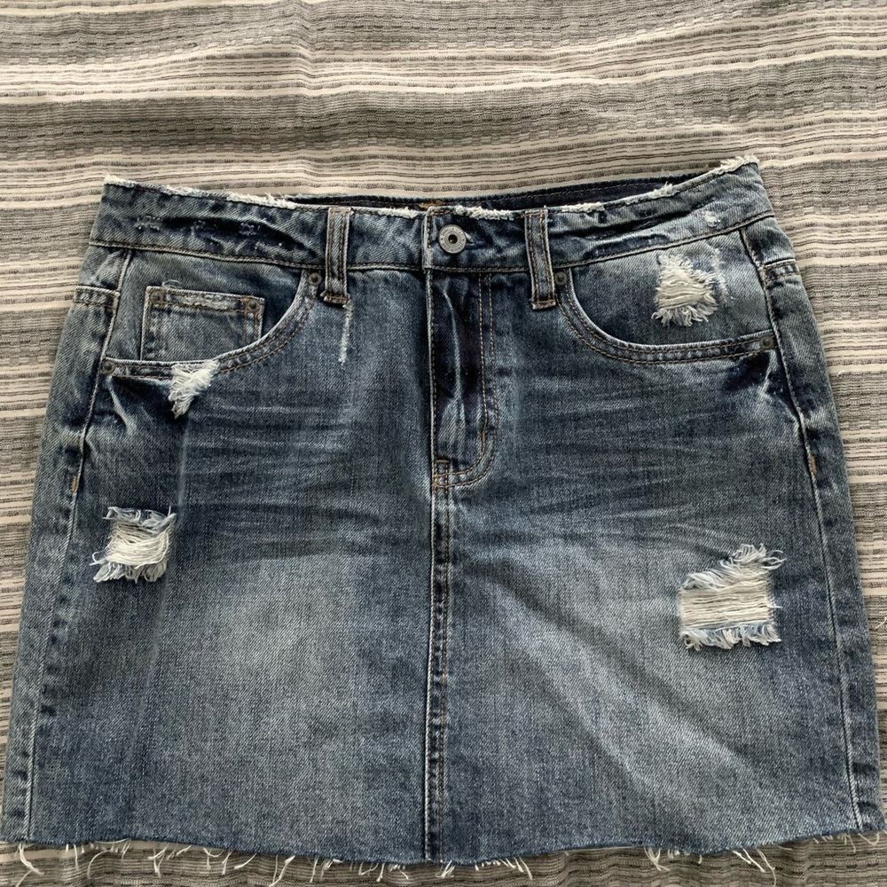 Distressed denim skirt